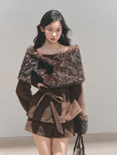 Detachable Cuffs Quilted Jacket/Ribbon Shawl/Shorts DIA0729