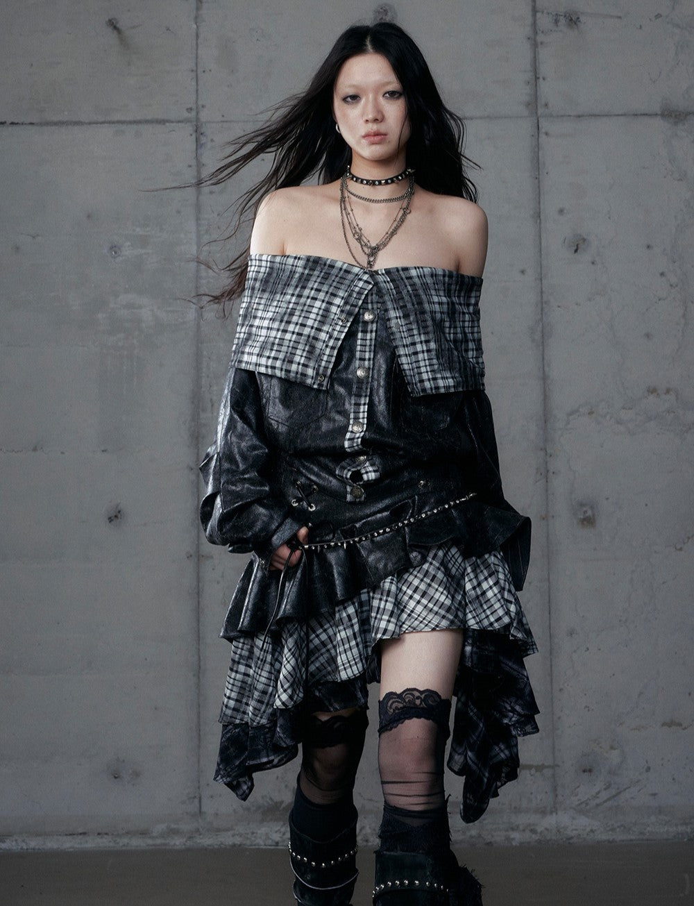 Punk Plaid Irregular Splicing Leather Skirt NOR0188