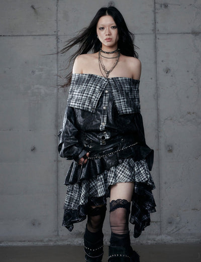 Punk Plaid Irregular Splicing Leather Skirt NOR0188