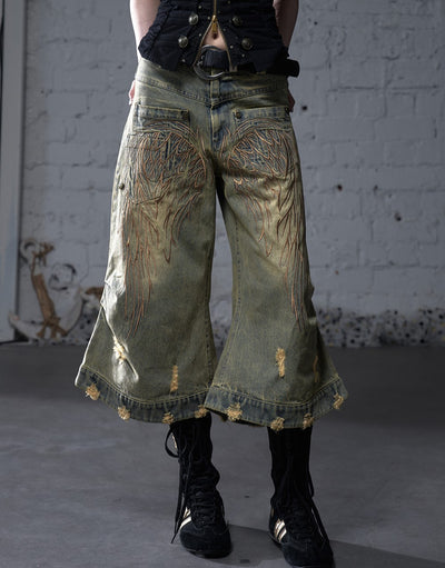 Punk Embroidered Wings Cropped Jeans NOR0177