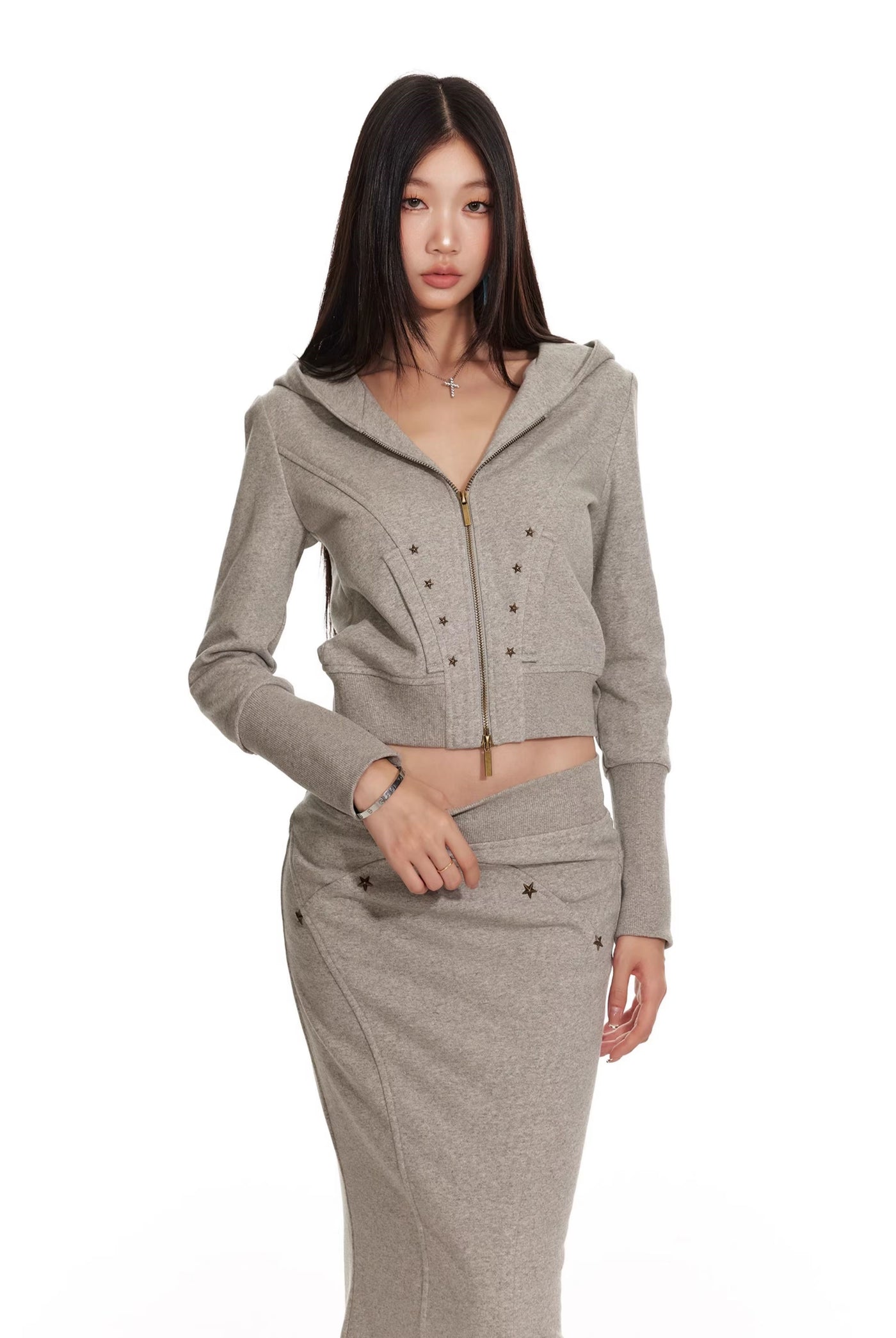 Hooded Sweatshirt Jacket/Fishtail Long Skirt 4MU0067