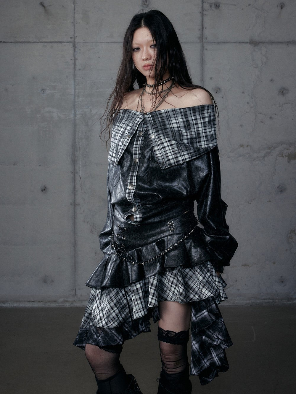Punk Plaid Irregular Splicing Leather Skirt NOR0188