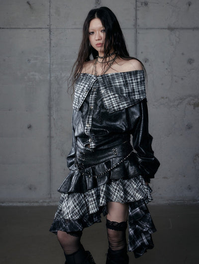 Punk Plaid Irregular Splicing Leather Skirt NOR0188