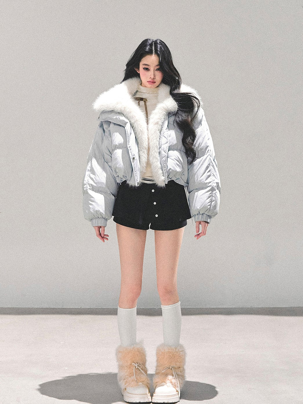 Blue Detachable Fur Collar Short Down Jacket DIA0687