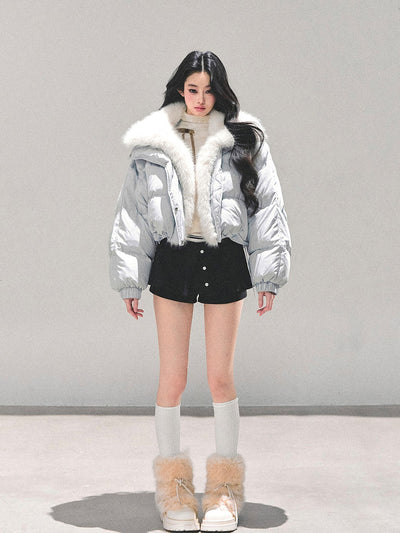 Blue Detachable Fur Collar Short Down Jacket DIA0687