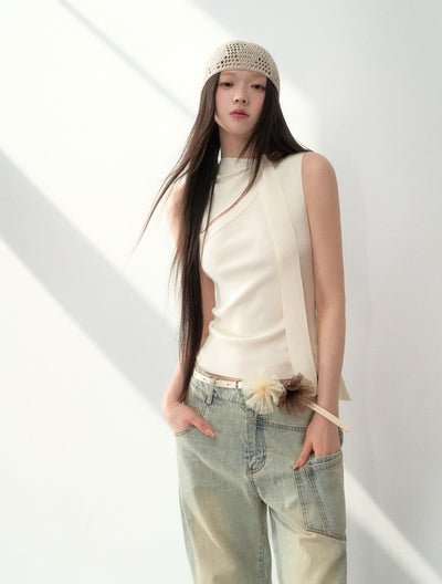Simple Lace-up Twisted Knitted Top LAL0187