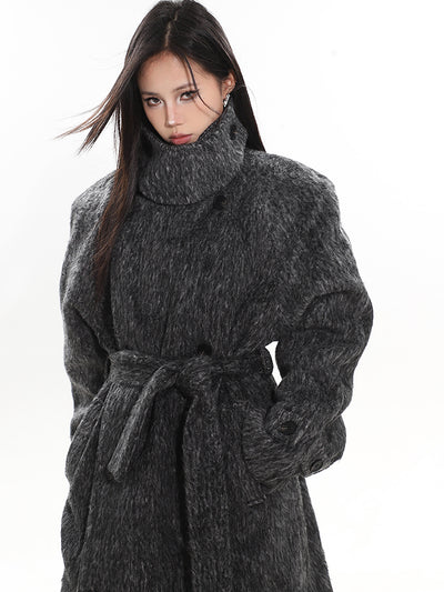 High-end Quilted Thickened Hepburn Wool High Collar Long Coat UNC0157