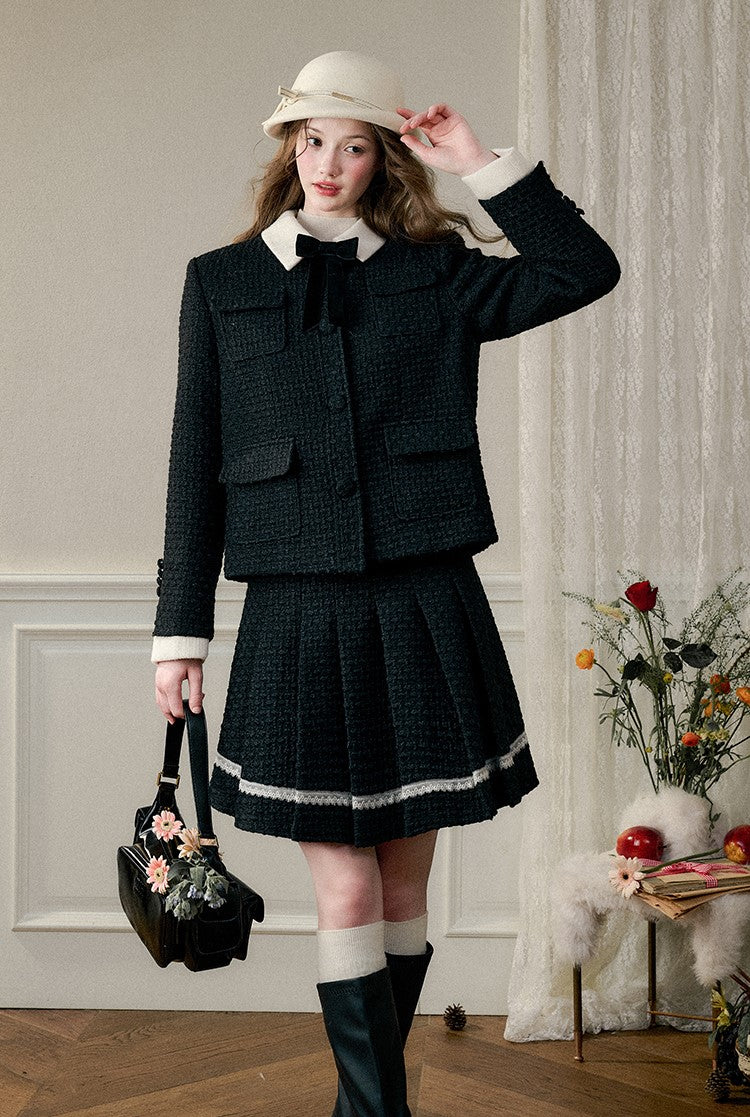 Natural Wool Suit Elegant Jacket/Pleated Skirt GRO0089