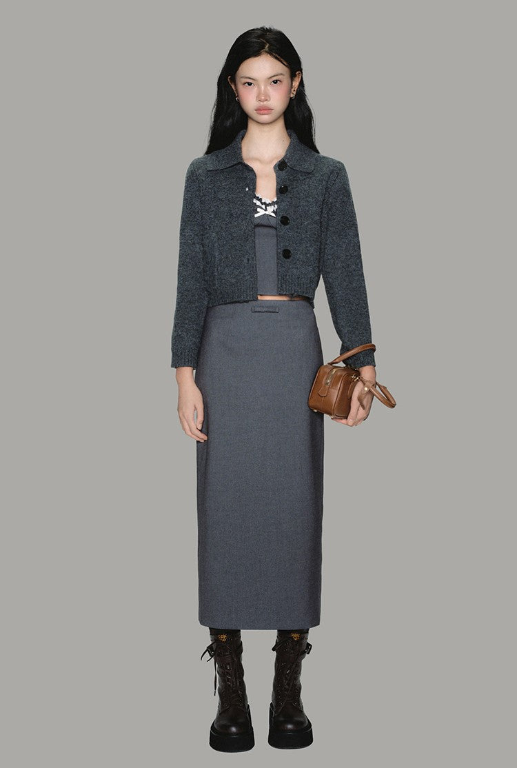 Gray Straight Slit Medium-length Long Skirt OAK0221