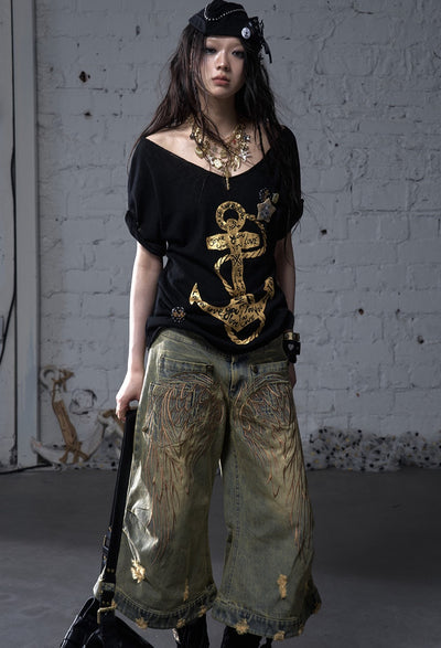 Casual Print Large Neckline Loose T-shirt NOR0176