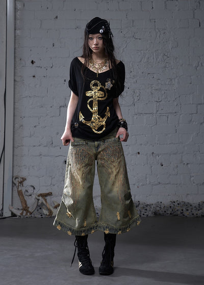 Punk Embroidered Wings Cropped Jeans NOR0177