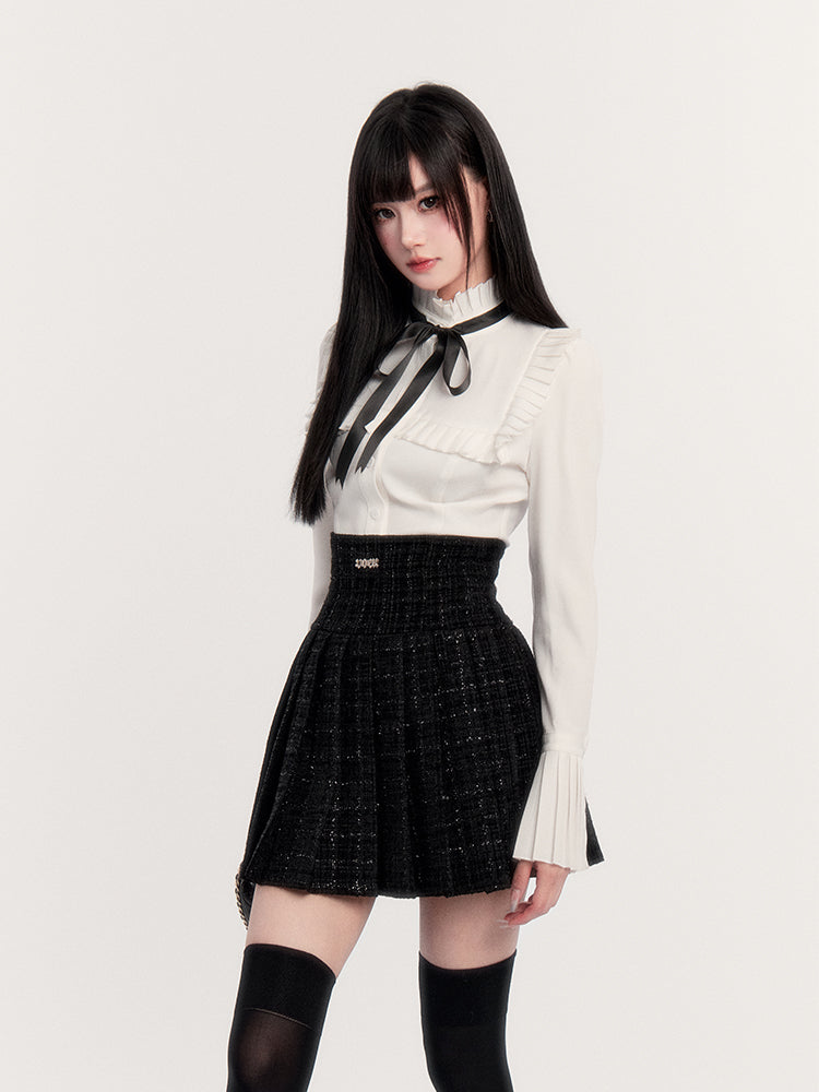 White Shirt/Suit Tweed Jacket/Pleated Skirt VOC0264