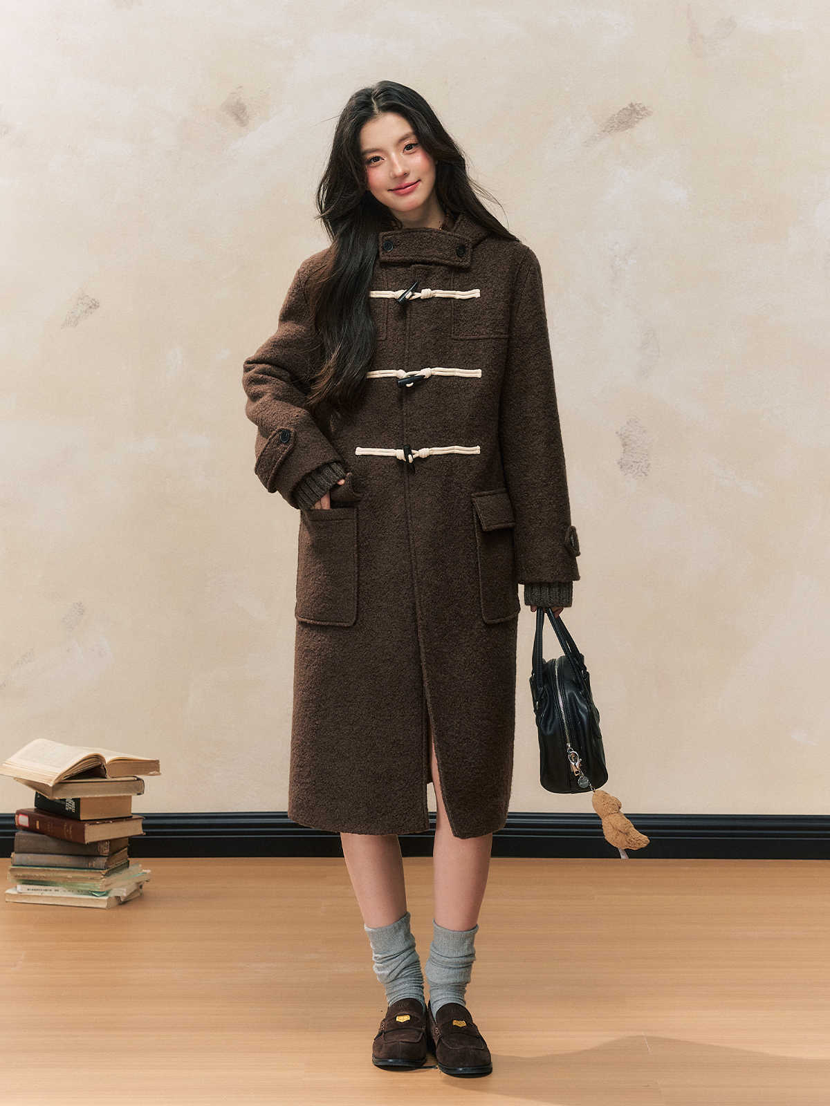 Retro Brown Hooded Horn Button Long Woolen Coat SHI0111