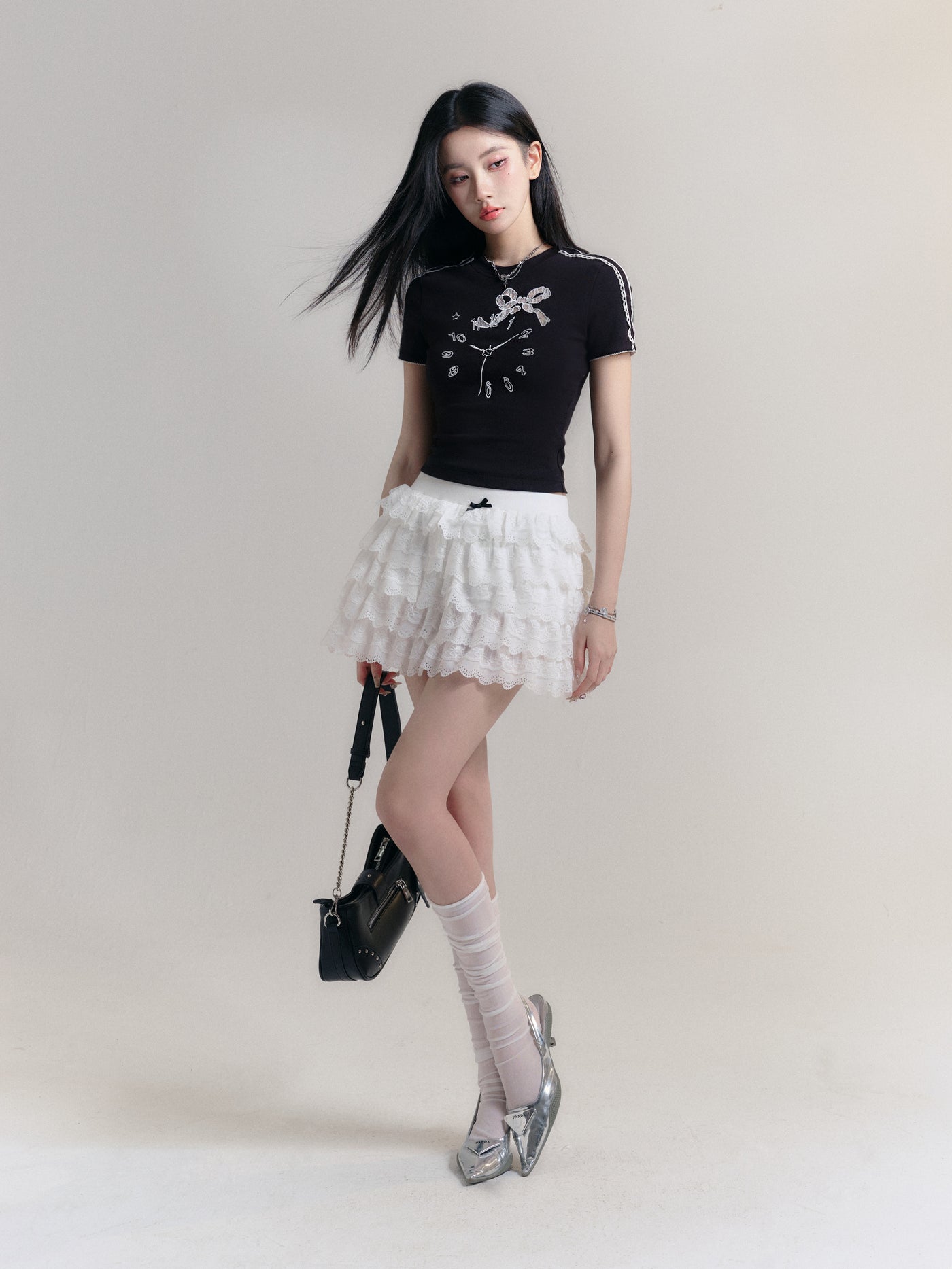 Basic Versatile Clock Embroidery Slim Short Sleeve T-shirt FRA0184