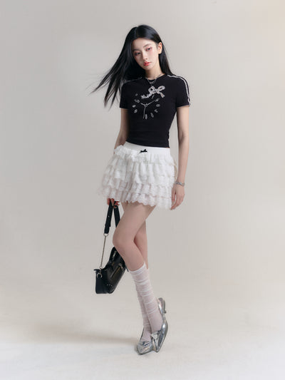 Basic Versatile Clock Embroidery Slim Short Sleeve T-shirt FRA0184