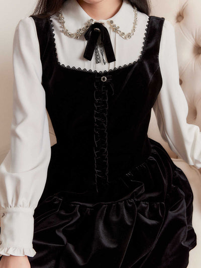 Princess Style Velvet Overall Black Dress/White Shirt FRA0255