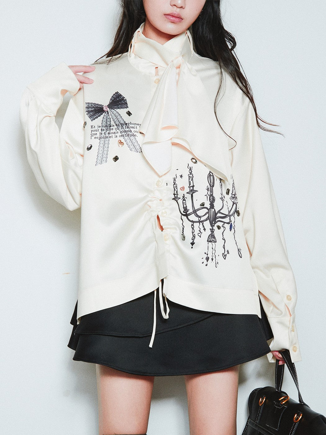 Chandelier Lace Bow Letter Print Diamond Drawstring Satin Shirt SEL0012