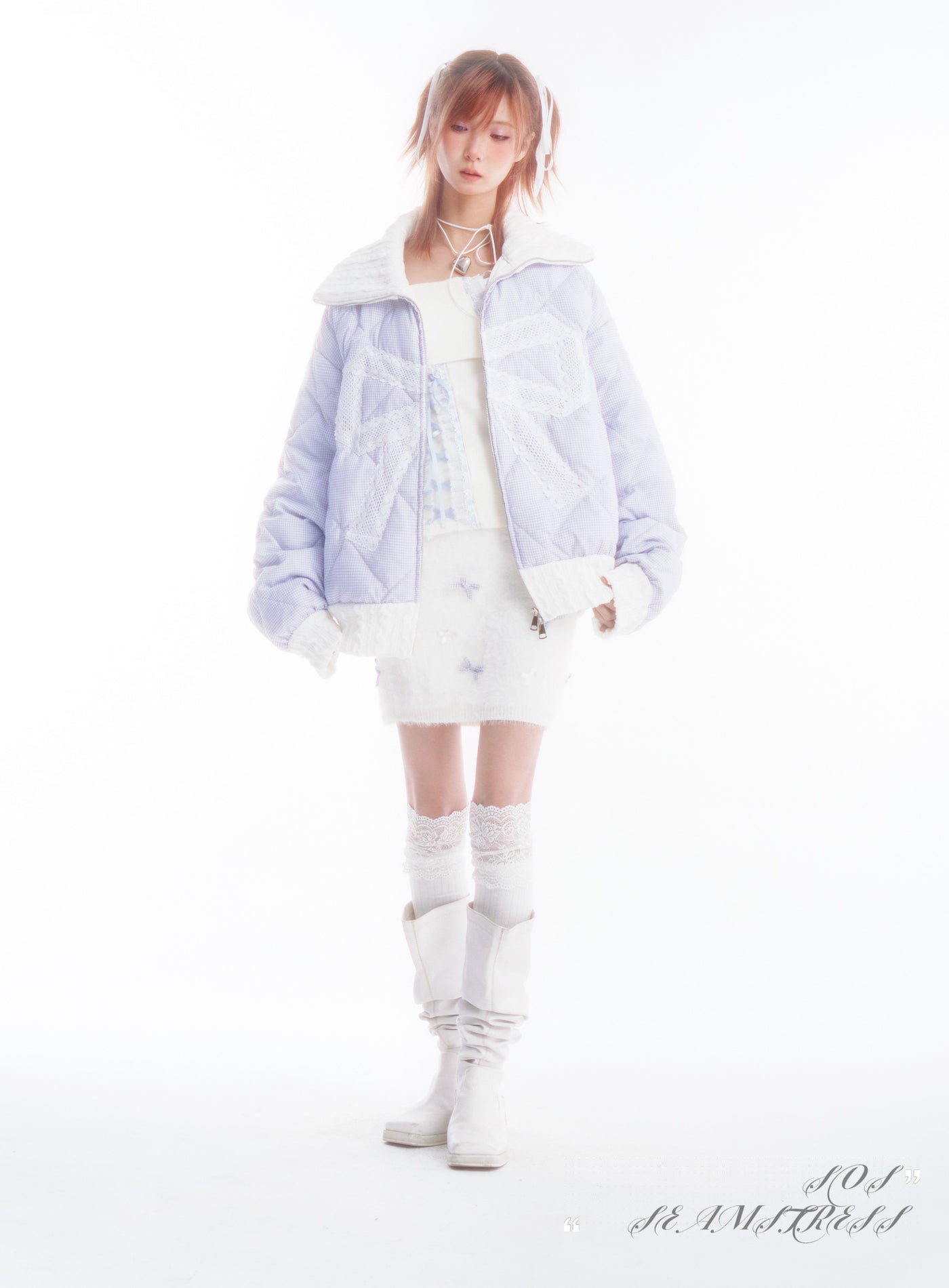 Blue And White Plaid Stitching Knitted Collar Down Jacket SOS0009