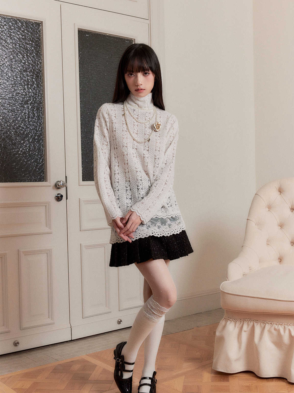 White Moonlight Knitted Lace Shirt FRA0257