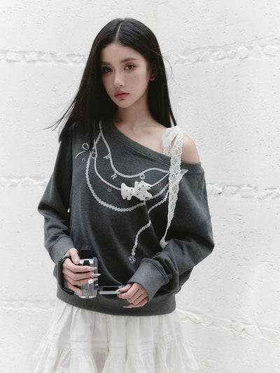 Necklace Design Oblique Shoulder Strap Gray Sweatshirt FRA0230