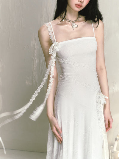 White Tea Irregular Lace Waist Suspender Dress SAL0047