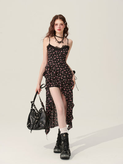 Female Slit Waist Black Suspender Dress DIA0150