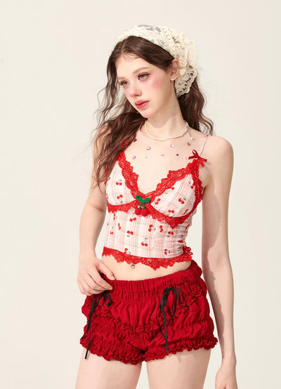 Cherries Plaid Pink Lace Camisole DIA0159
