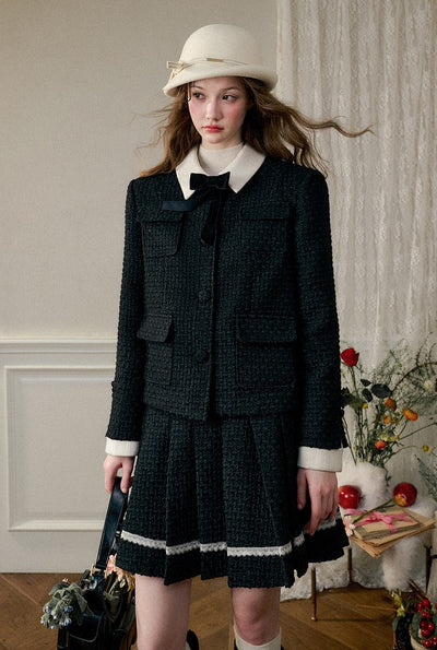 Natural Wool Suit Elegant Jacket/Pleated Skirt GRO0089