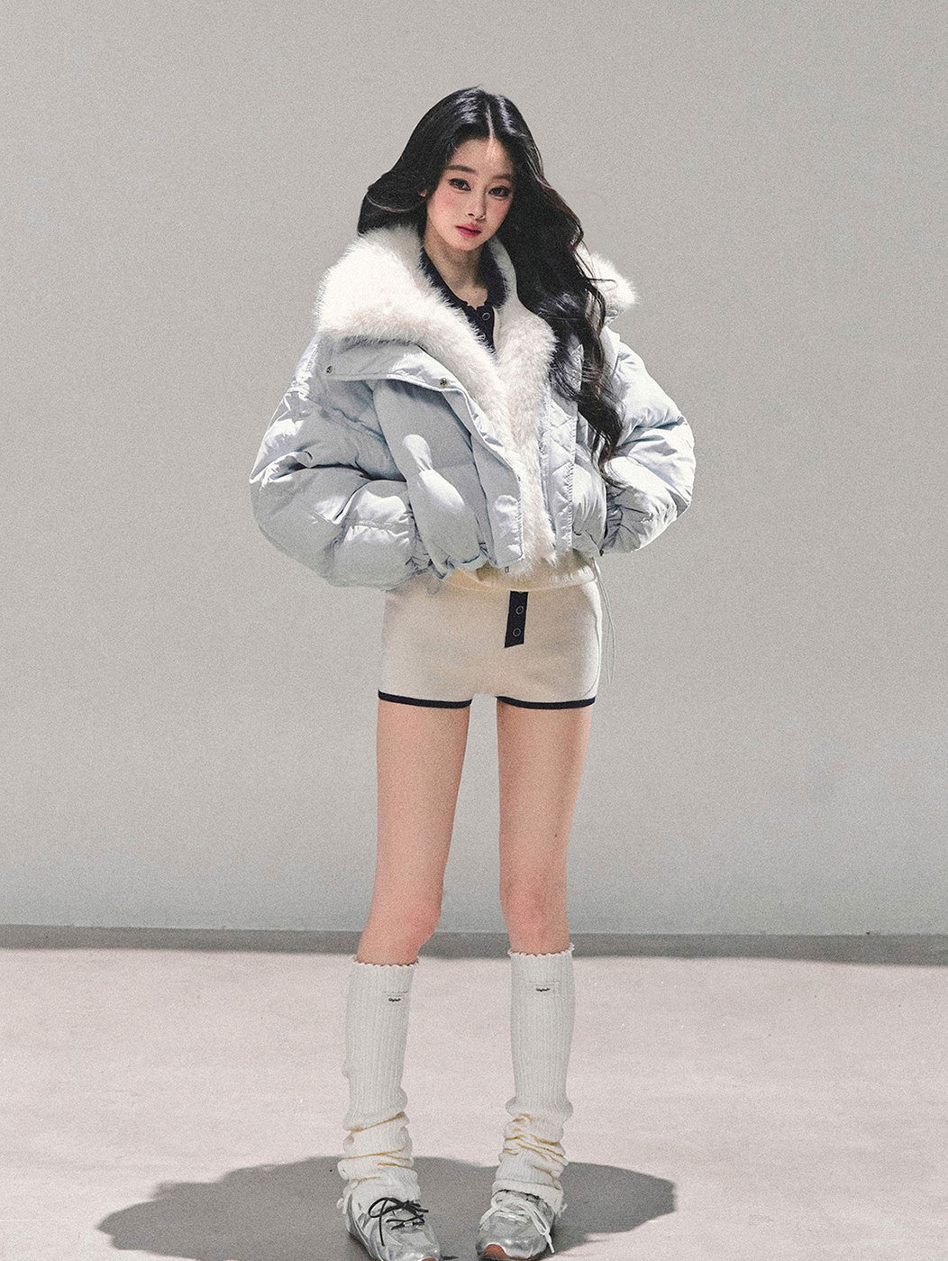 Blue Detachable Fur Collar Short Down Jacket DIA0687