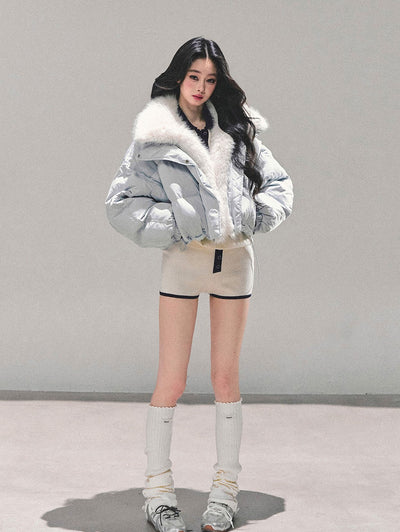 Blue Detachable Fur Collar Short Down Jacket DIA0687