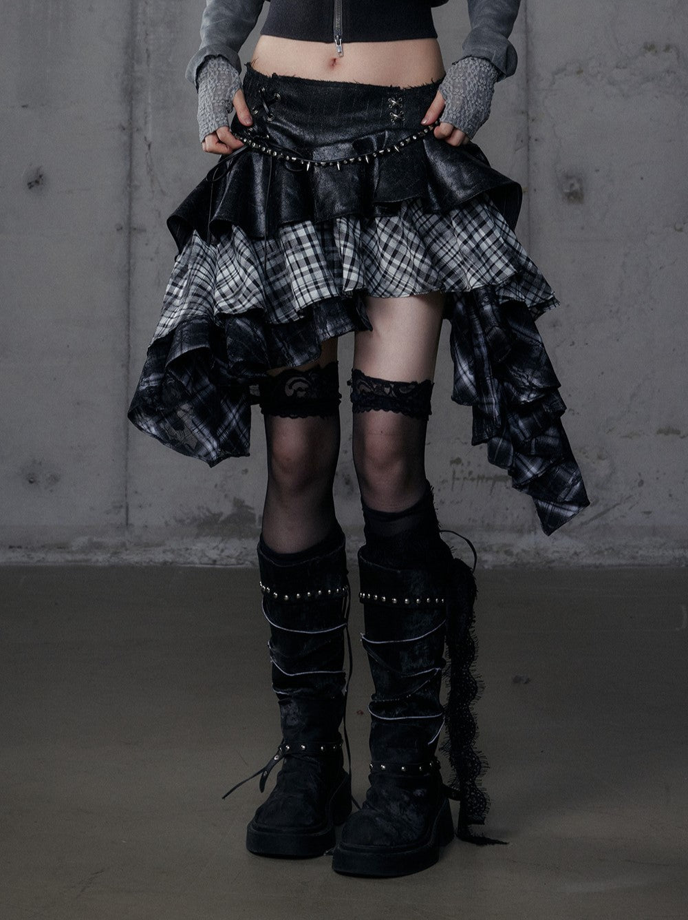 Punk Plaid Irregular Splicing Leather Skirt NOR0188
