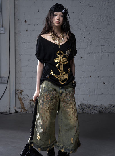 Punk Embroidered Wings Cropped Jeans NOR0177