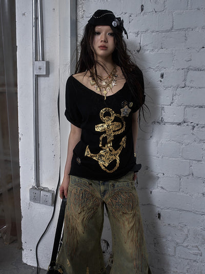Casual Print Large Neckline Loose T-shirt NOR0176