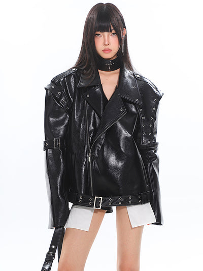 High-end Lapel Deconstructed Loose Leather Jacket UNC0191