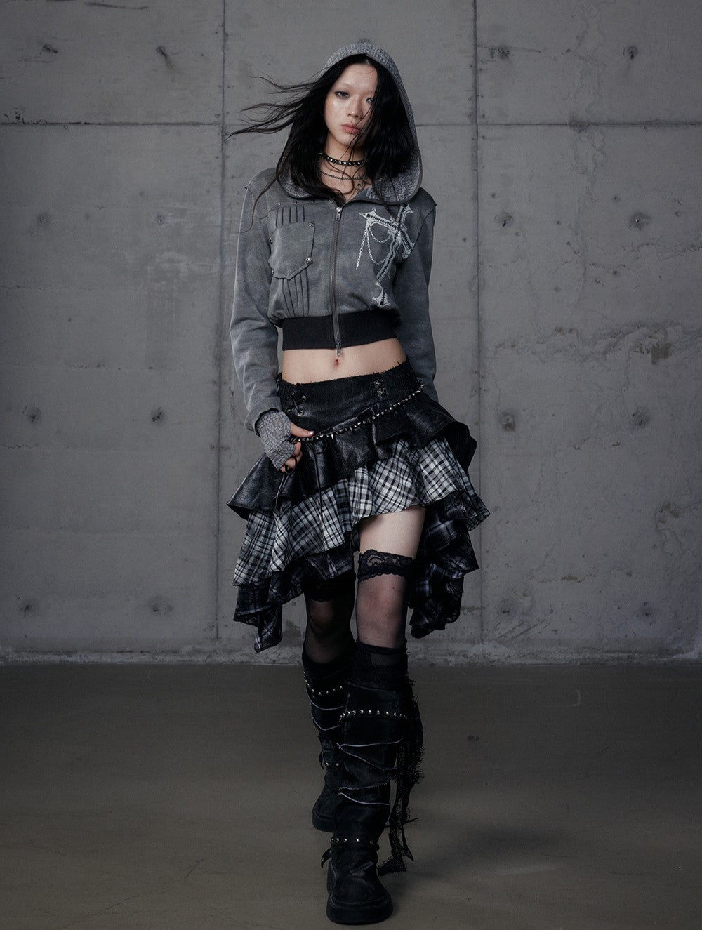Punk Plaid Irregular Splicing Leather Skirt NOR0188