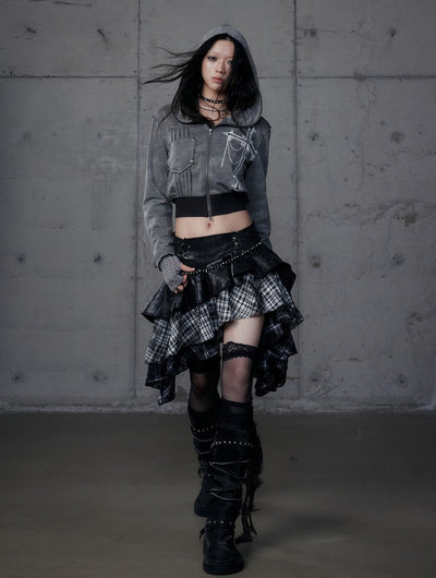 Punk Plaid Irregular Splicing Leather Skirt NOR0188