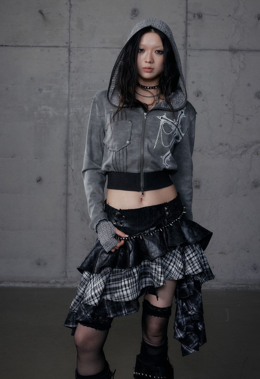 Punk Plaid Irregular Splicing Leather Skirt NOR0188