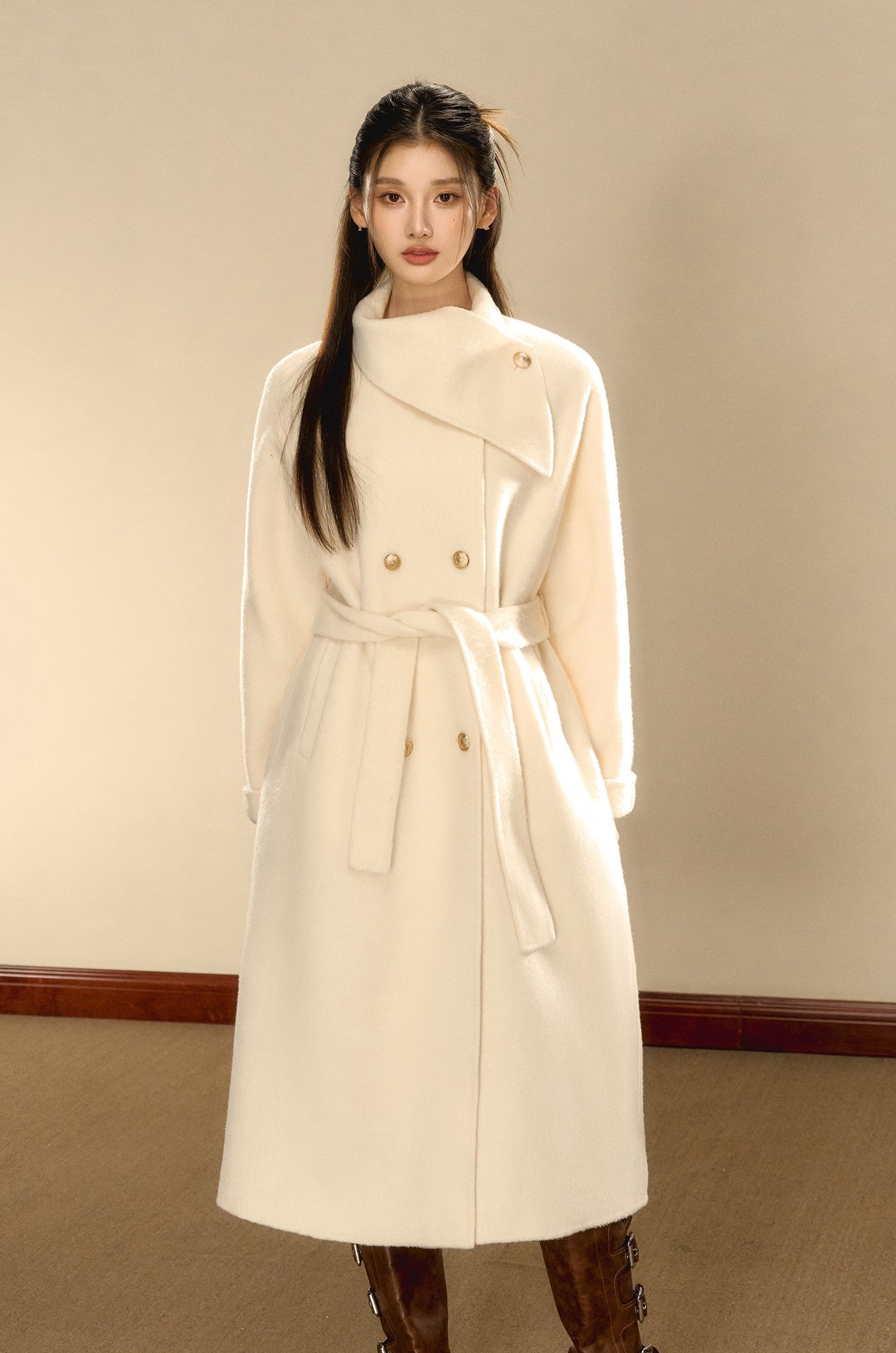 Multi-color Woolen Gold Button Belt Double-sided Coat OSH0074