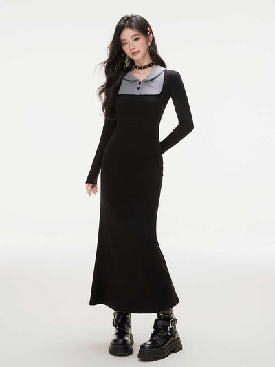 Contrast Lace Lapel Waist Slim Knit Maxi Dress IMO0069