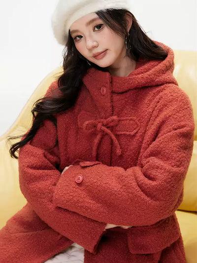 Christmas Bow Loose Hooded Woolen Llong Coat IMO0084