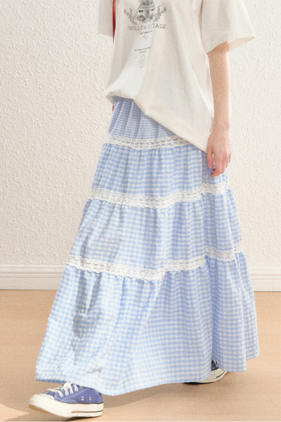 Lace Switched Checked Pattern Gathered Long Skirt SPE0057