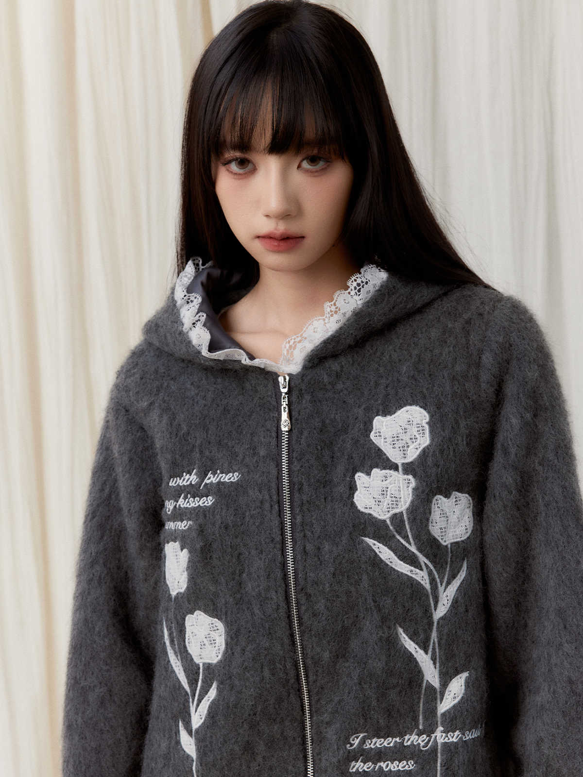 Lace Words Embroidered Hooded Sweater Jacket FRA0251