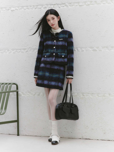 Retro Thousand Gold Suit Blue Plaid Jacket/Skirt FRA0229