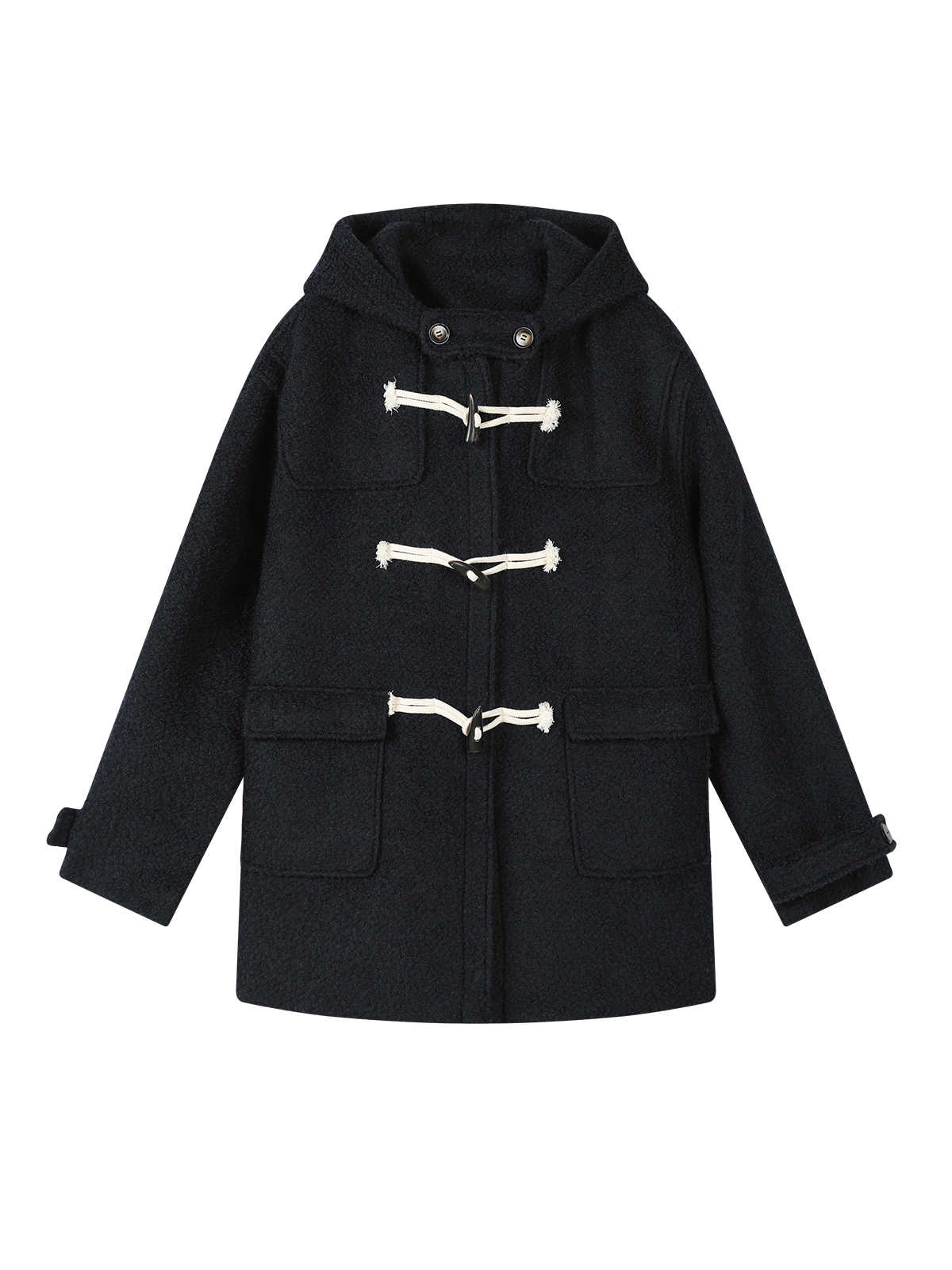 Navy Blue Hooded Woolen Horn Button Mid-length Coat SHI0106