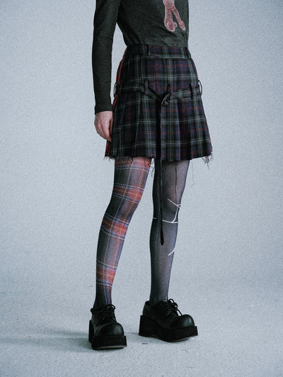 Plaid Pleated Raw Edge Short Skirt LAP0046