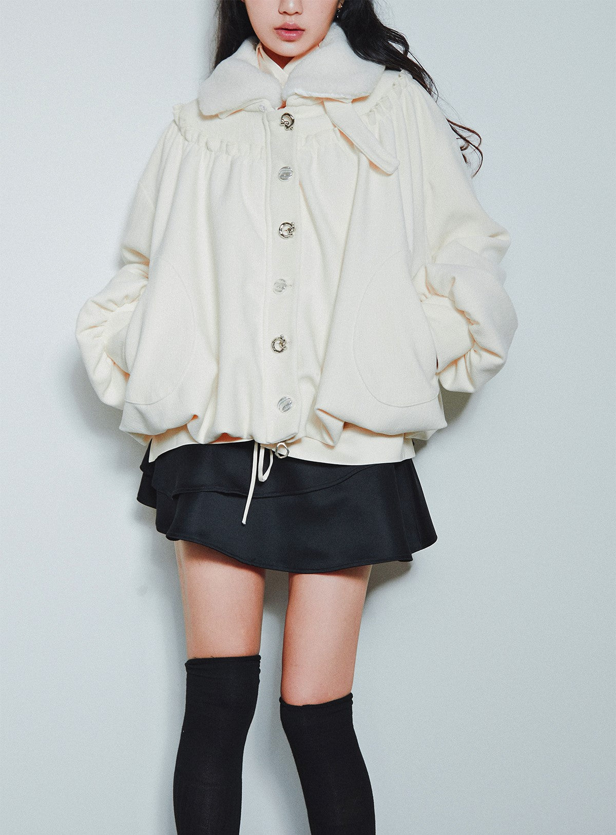 White Fur Collar Detachable Gathered Cloud Jacket SEL0003