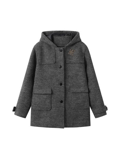 College Style Woolen Quilted Hooded Horn Button Coat SHI0088