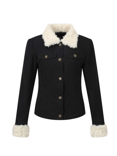 Slim Navy Blue Short Quilted Fur Collar Jacket SHI0086