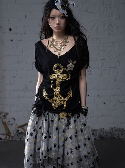 Casual Print Large Neckline Loose T-shirt NOR0176