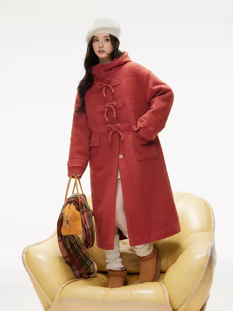 Christmas Bow Loose Hooded Woolen Llong Coat IMO0084